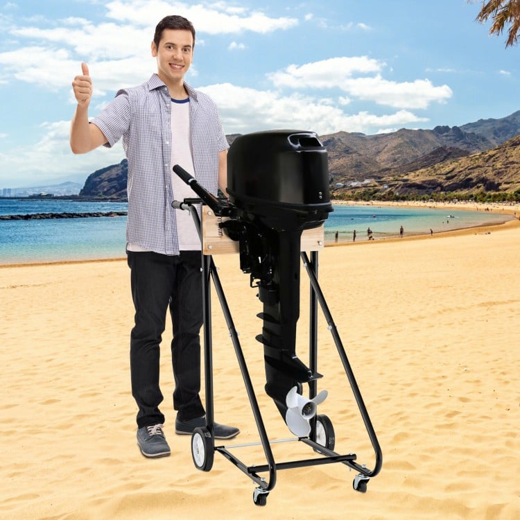 Outboard boat motor stand carrier cart with ergonomic handles, durable metal parts, and wheels for easy mobility and.