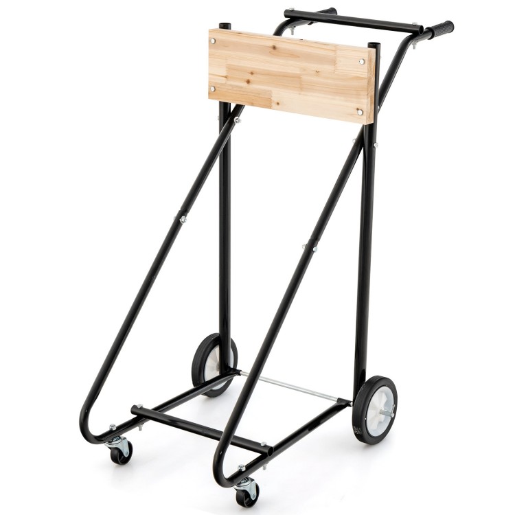 Heavy-duty outboard boat motor stand cart with ergonomic handles and universal wheels for easy mobility and storage.