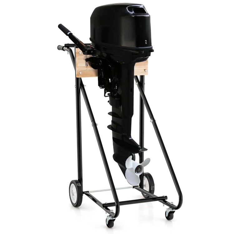 Outboard boat motor stand carrier cart with durable plywood and metal, featuring wheels for easy mobility and storage.