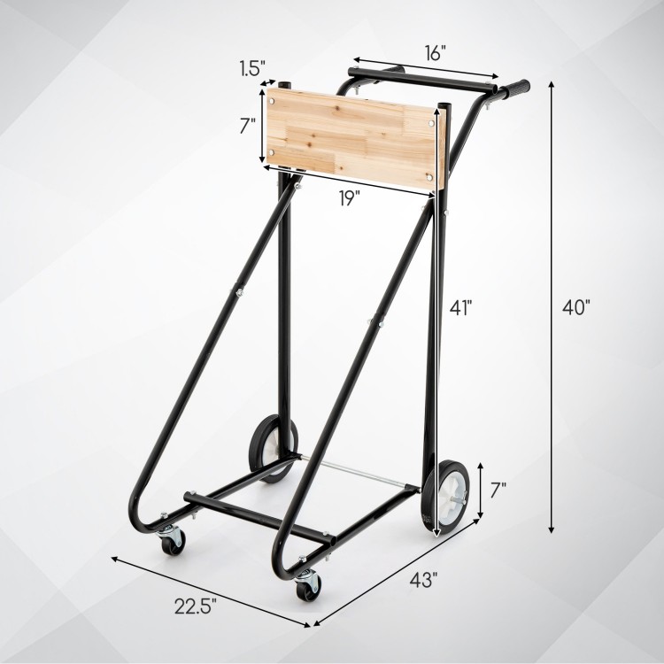 Heavy-duty outboard boat motor stand cart with ergonomic handles and wheels, ideal for storage and maintenance.