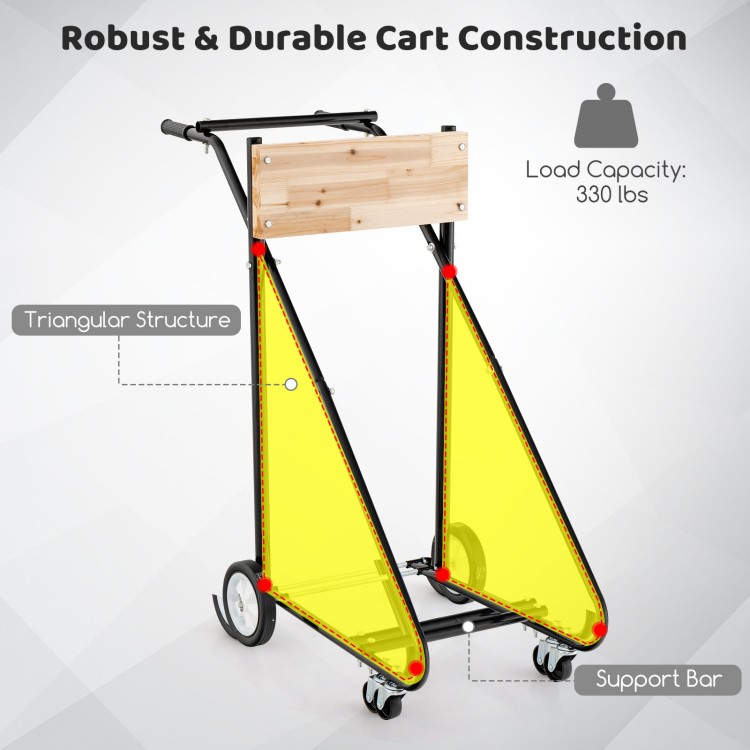Heavy-duty outboard boat motor stand cart with triangular structure, 330 lbs capacity, and ergonomic handles for easy.