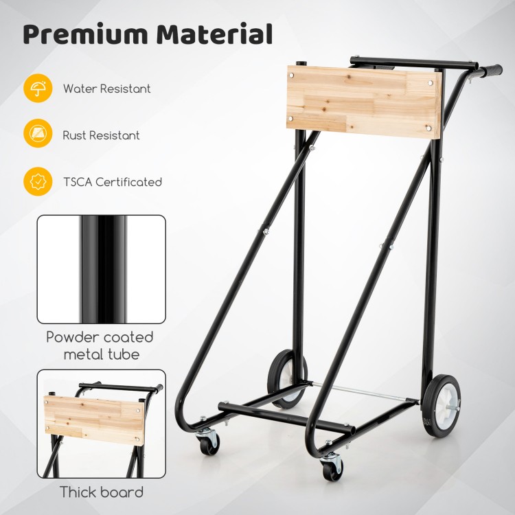 Heavy-duty outboard boat motor stand with thick plywood and metal parts, designed for easy storage and mobility.