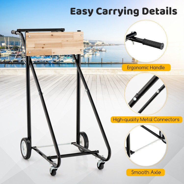 Outboard boat motor stand carrier cart with ergonomic handle, smooth axles, and durable metal connectors for easy.