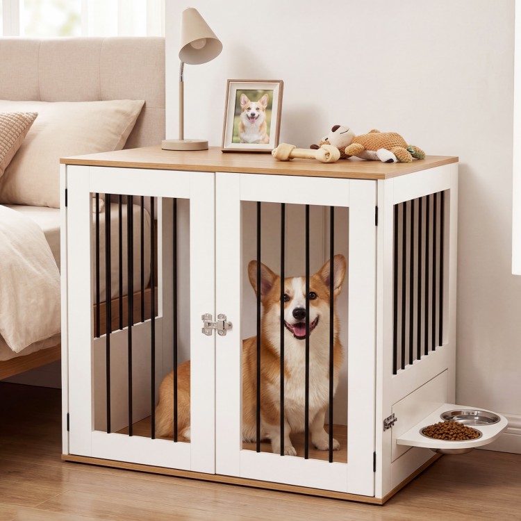 Wooden dog crate furniture with double lock doors, spacious tabletop, and stainless steel bowls for secure pet.