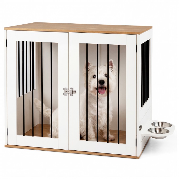 Wooden dog crate kennel with double lock doors, stainless steel bowls, and spacious tabletop for pet supplies.