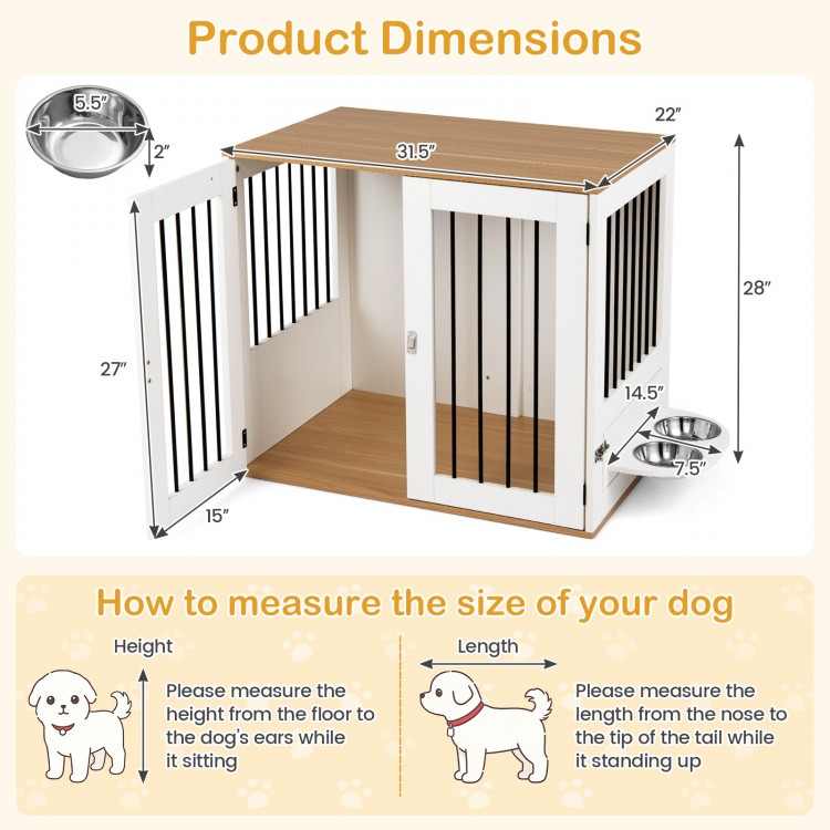 Wooden dog crate furniture with dual lock doors, stainless steel bowls, and spacious tabletop for pet supplies.
