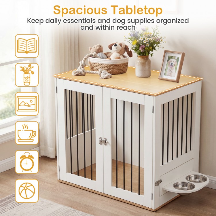 Wooden dog crate furniture with spacious tabletop, dual lock doors, and stainless steel bowls for pet supplies.
