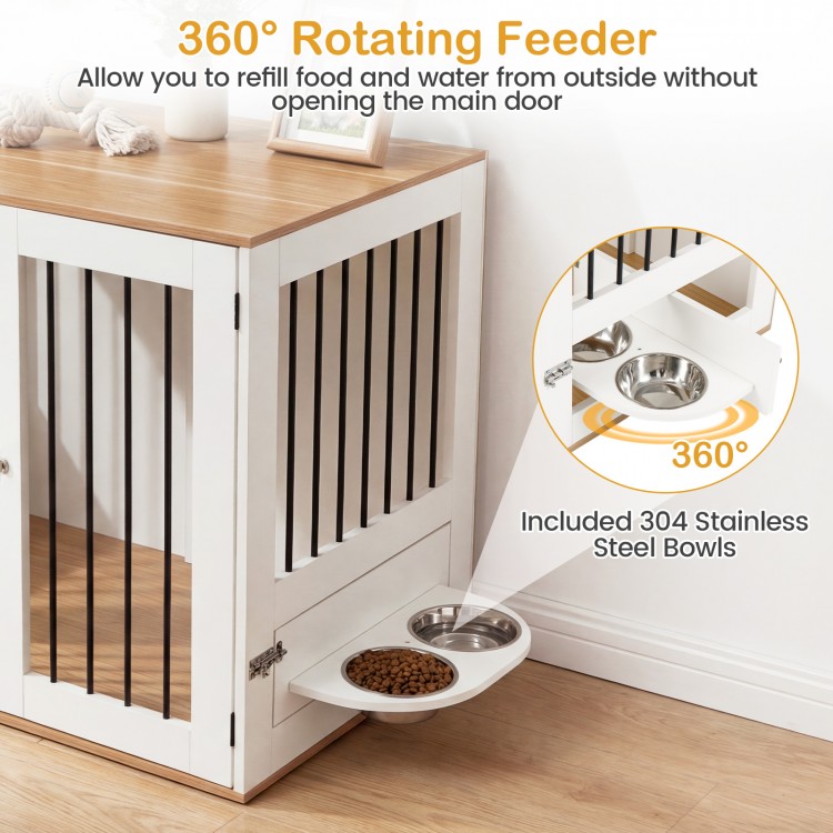 Rotating feeder with 304 stainless steel bowls on a wooden dog kennel for easy access and enhanced pet containment.