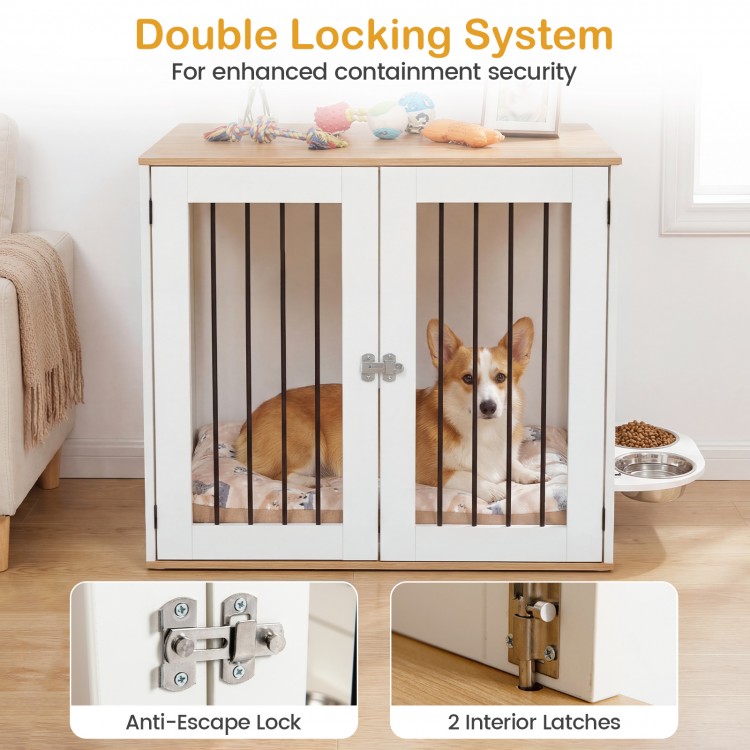 Wooden dog crate with side window panels for airflow, double lock doors, and thickened wooden boards for stability.