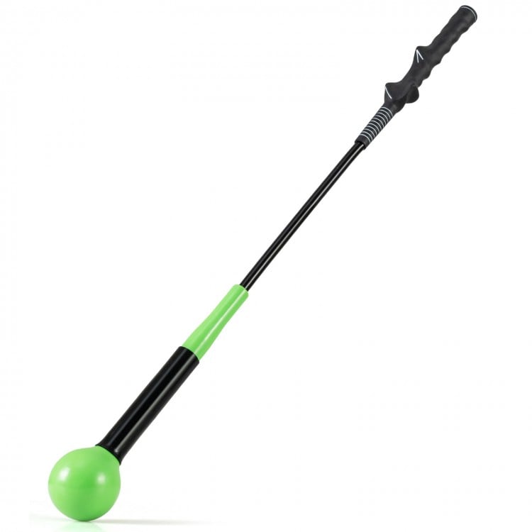 Golf swing trainer aid with weighted green head and ergonomic handle for grip, balance, and rhythm improvement.