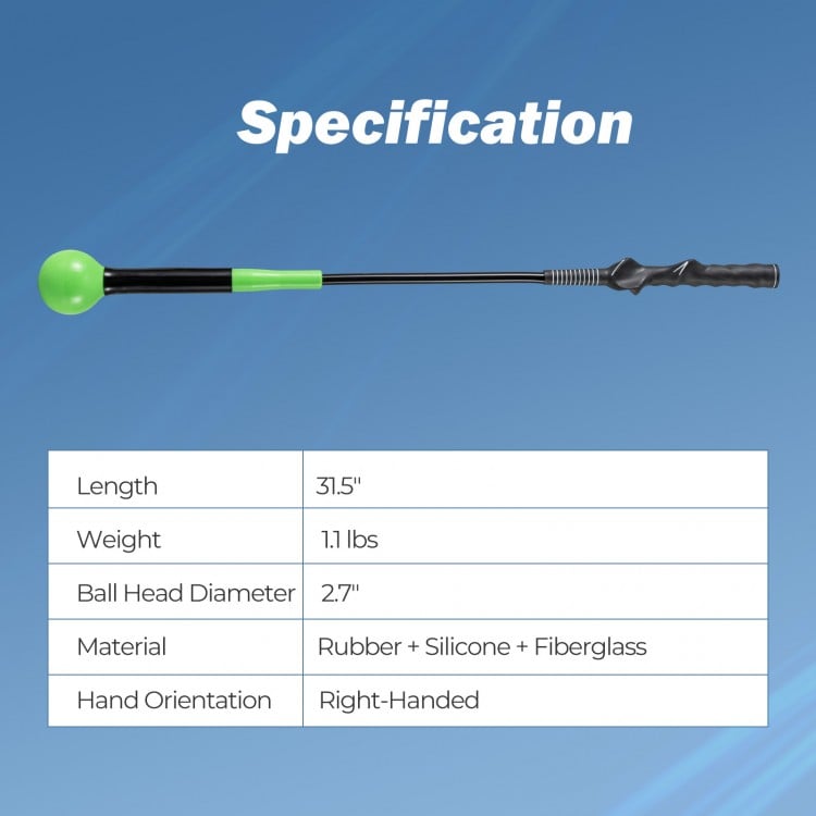31.5-inch golf swing trainer aid with weighted head, ergonomic grip, and fiberglass shaft for right-handed golfers.