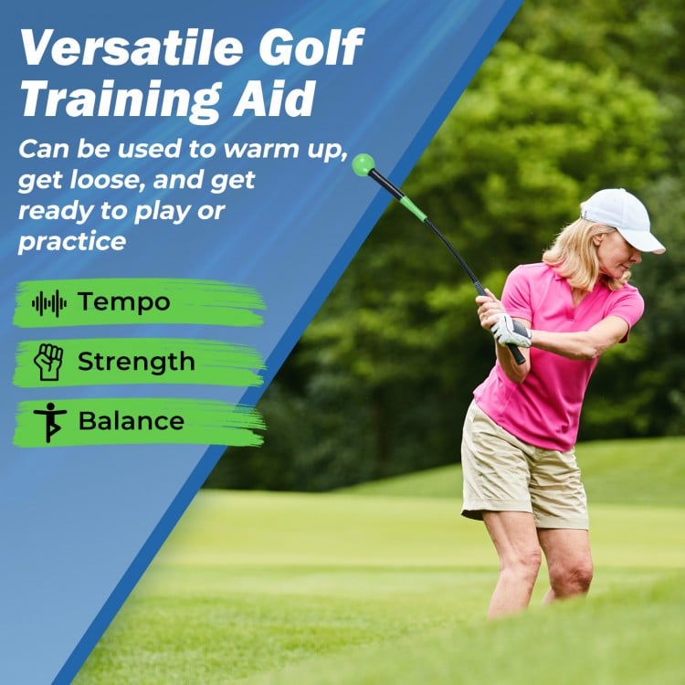 31.5-inch golf swing trainer aid with weighted head for grip, rhythm, and balance, perfect for warm-ups and practice.