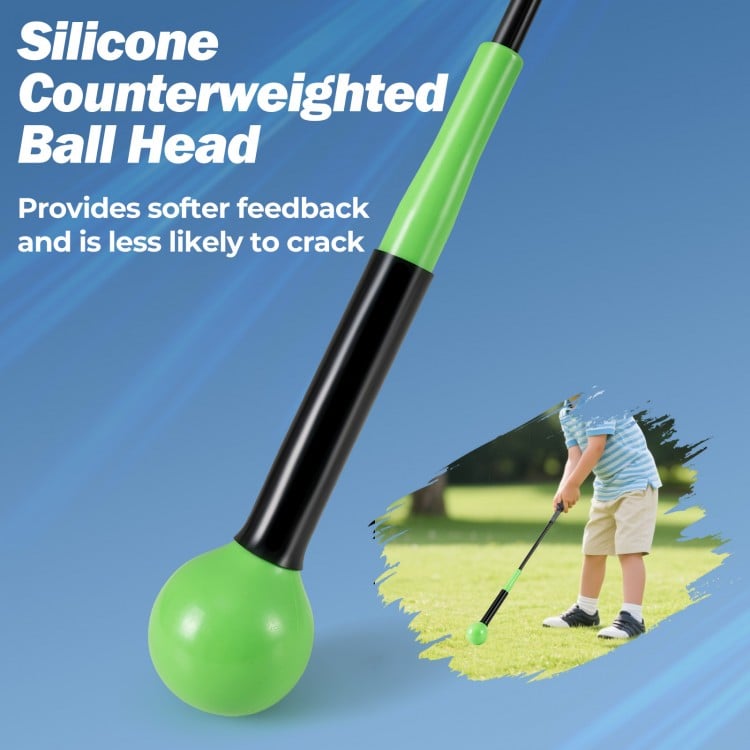 Silicone counterweighted ball head golf swing trainer aid for grip and balance, ideal for indoor and outdoor use.