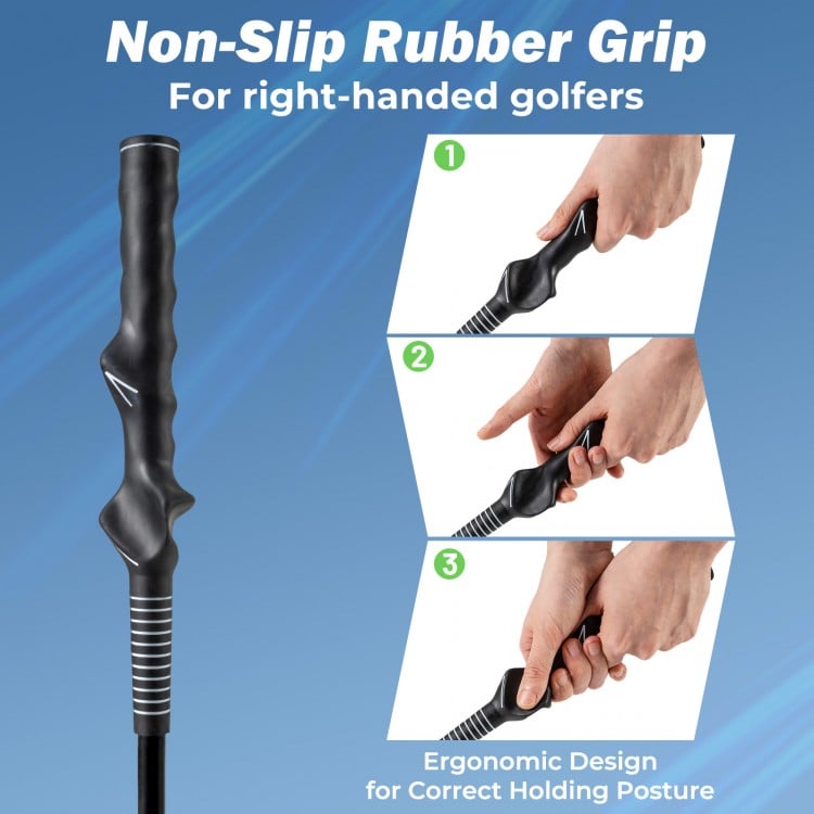 Ergonomic non-slip rubber grip of the 31.5-inch golf swing trainer aid for right-handed golfers, enhancing grip and.