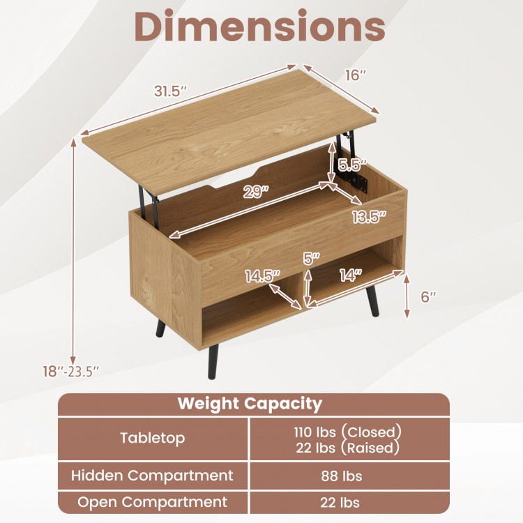 Lift-top coffee table in natural finish with hidden storage, two open shelves, and hydraulic lifting mechanism for.