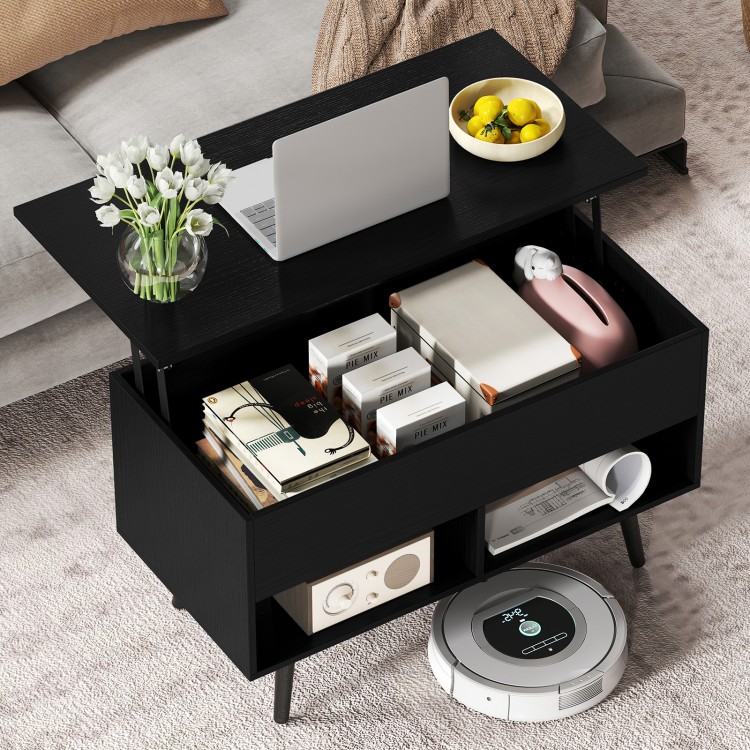 Top view of a black lift-top coffee table featuring a spacious hidden compartment and two open shelves for stylish.
