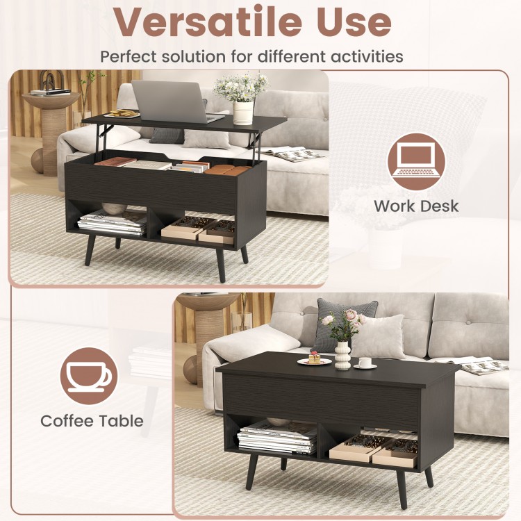 Lift-top coffee table in black with hidden compartment and two storage shelves, perfect for versatile use in living.
