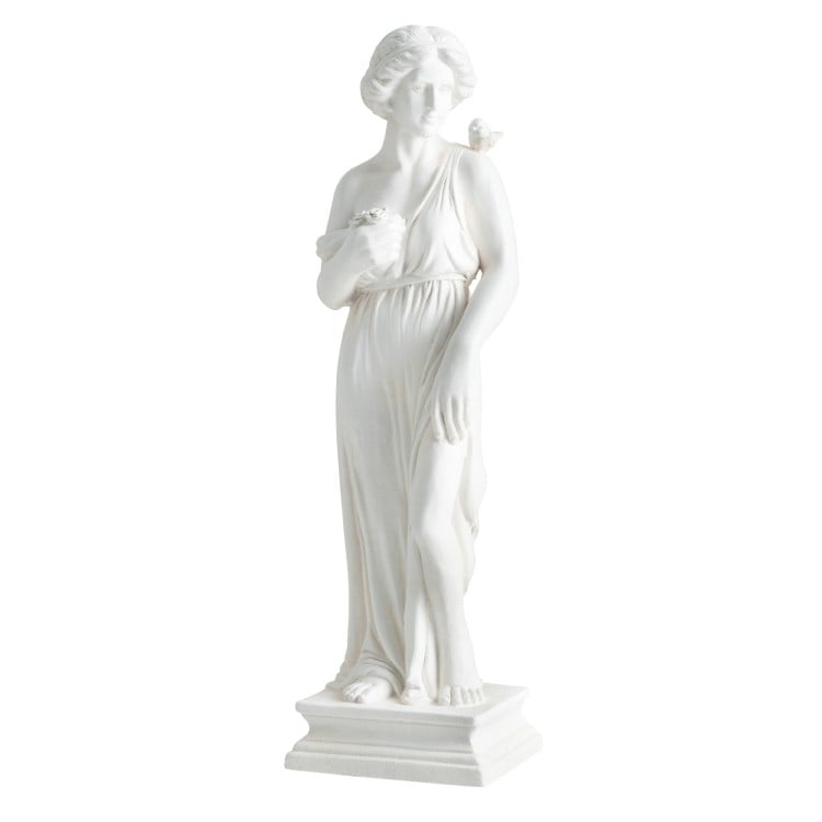 31.5-inch white Greek goddess statue with antique finish and column base, ideal for garden or home decoration.