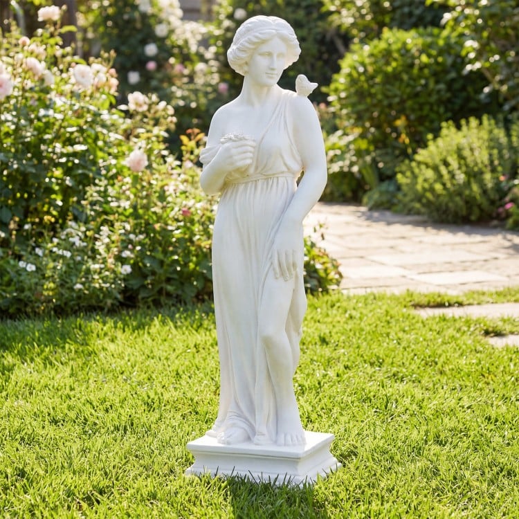 Outdoor 31.5-inch Greek goddess statue with antique finish, featuring a column base, perfect for garden decoration.