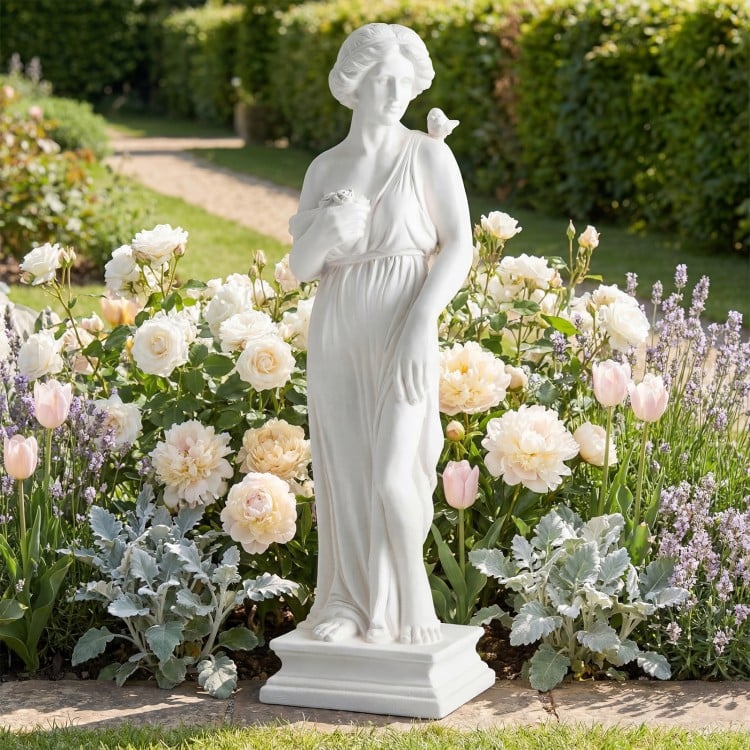 Outdoor Greek goddess statue, 31.5 inches tall, with antique finish and column base, perfect for garden decoration.