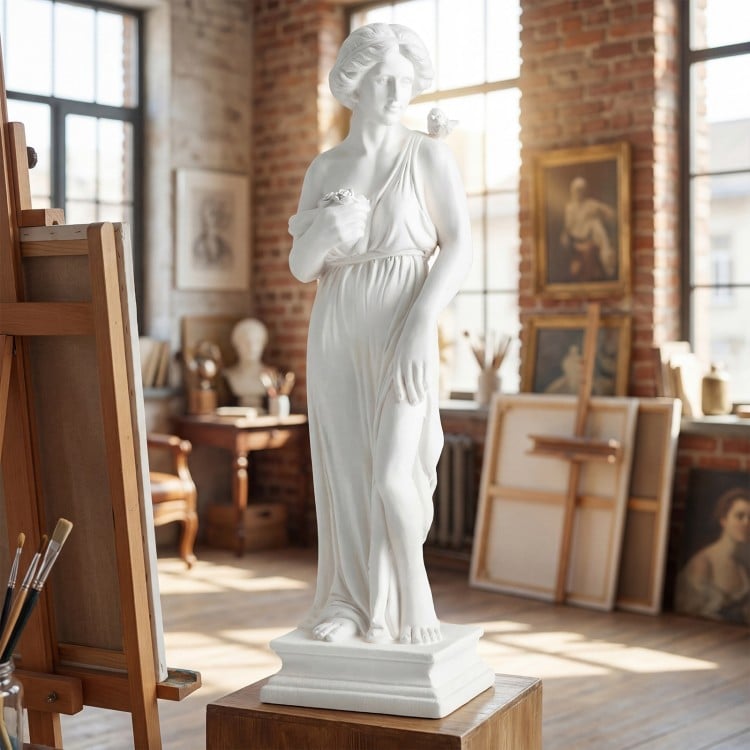 31.5-inch white Greek goddess statue with antique finish and column base, ideal for home or garden decoration.