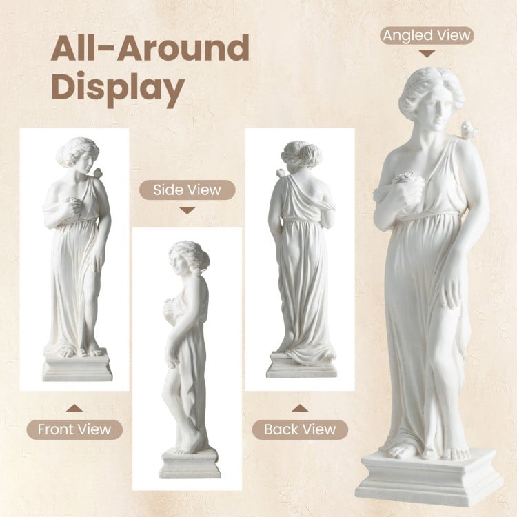 31.5-inch outdoor Greek goddess statue in antique finish, showcasing front, side, and back views for garden decoration.