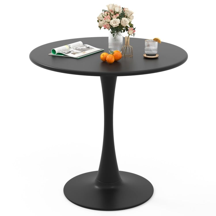 Round 31.5-inch black dining table with smooth surface, cylindrical support, and anti-slip base for stability in any.