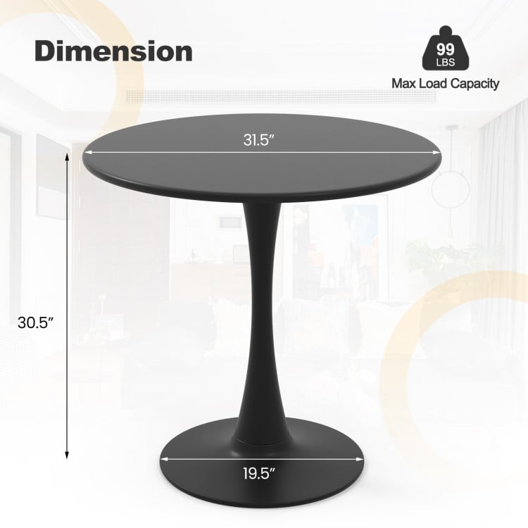 Round 31.5-inch black dining table with a smooth surface, cylindrical support, and anti-slip base for stability.