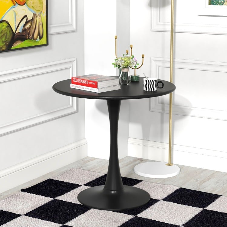 Round 31.5-inch black dining table with smooth surface and anti-slip PP ring, perfect for dining rooms or cafes.