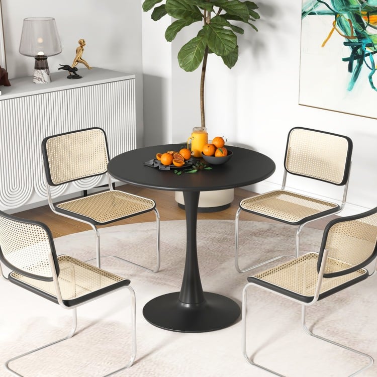 Round black dining table with a 31.5" surface, featuring an anti-slip PP ring, ideal for dining rooms or cafes.