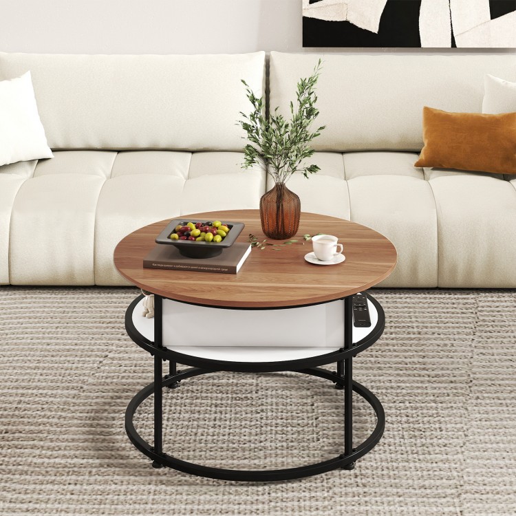Round lift top coffee table with teak finish, hidden compartment, and side shelves for organized storage in living room.
