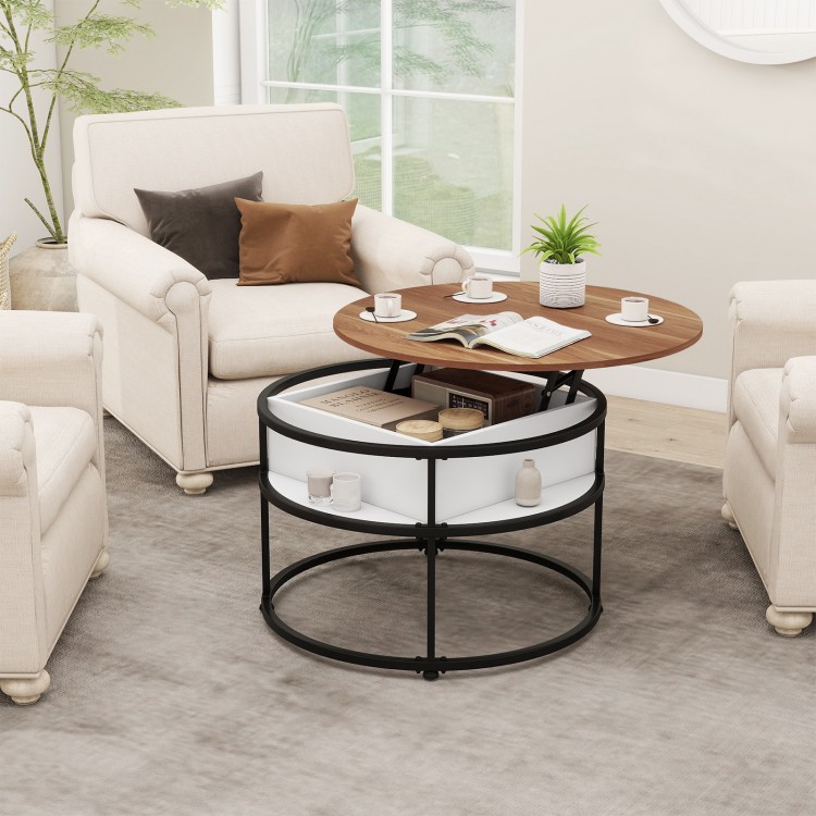 Round lift top coffee table with hidden compartment and side shelves, featuring a teak finish and strong metal.