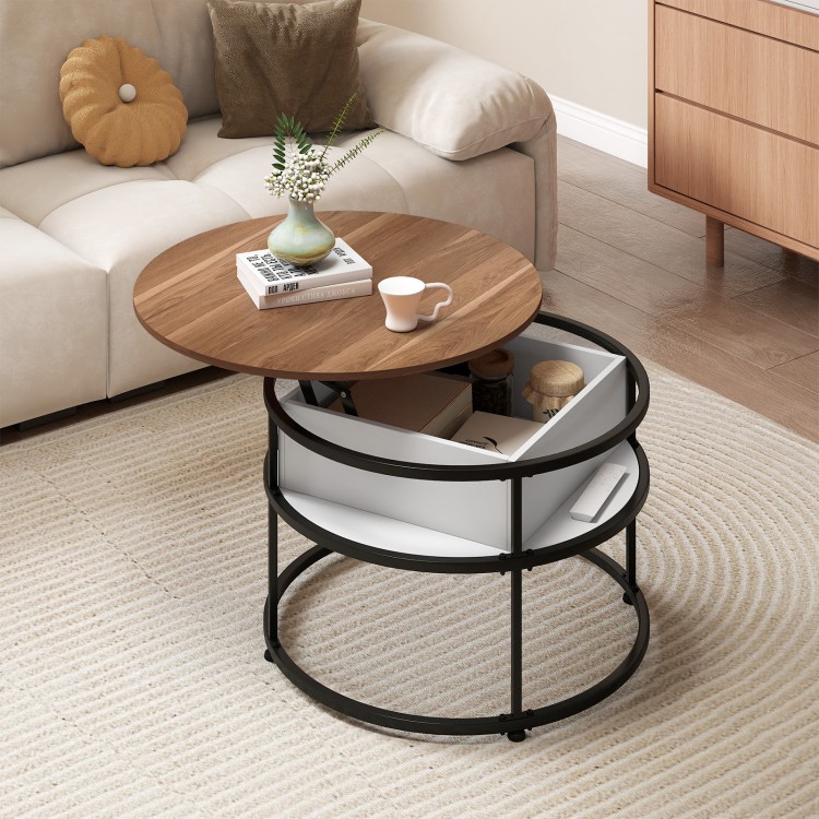 Round lift-top coffee table with teak finish, hidden compartment, and side shelves for organized storage in living room.