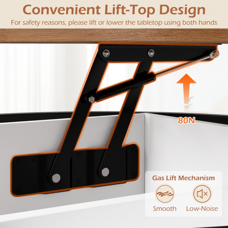 Lift-top mechanism of a 31.5-inch round coffee table with 80N support, showcasing its smooth gas lift design for easy.