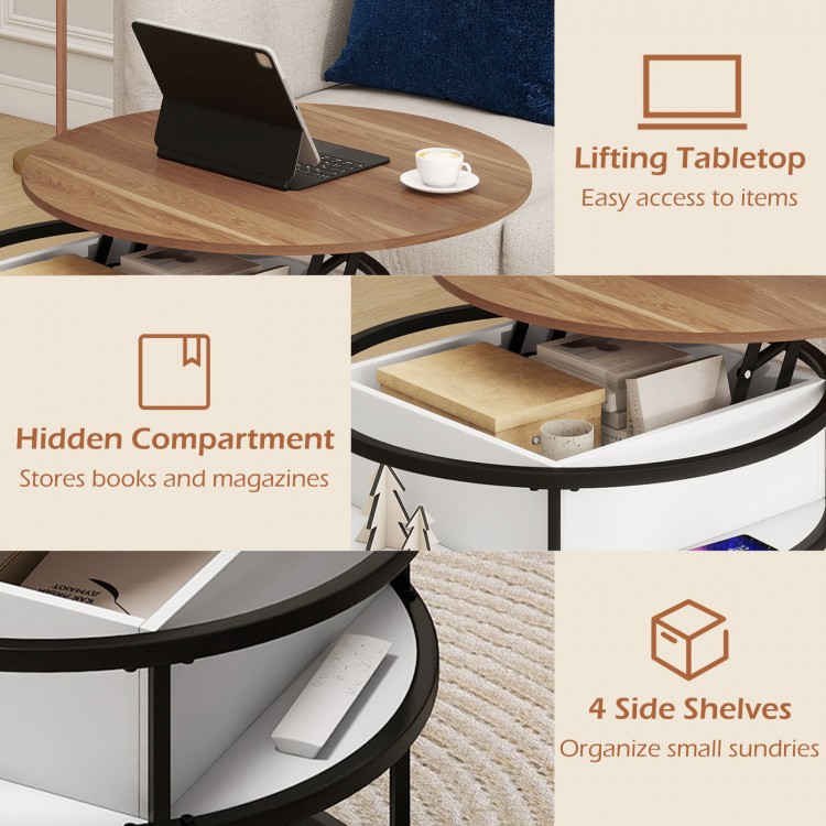 Round lift top coffee table in teak with hidden compartment and 4 side shelves for organizing small items.