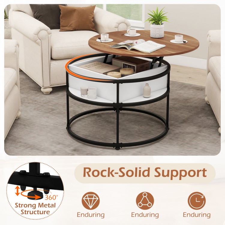 Round lift top coffee table with hidden compartment and side shelves, featuring a strong metal structure for stability.