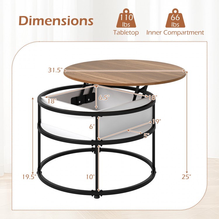 Round lift top coffee table with hidden compartment and side shelves, featuring a sturdy metal structure for stability.