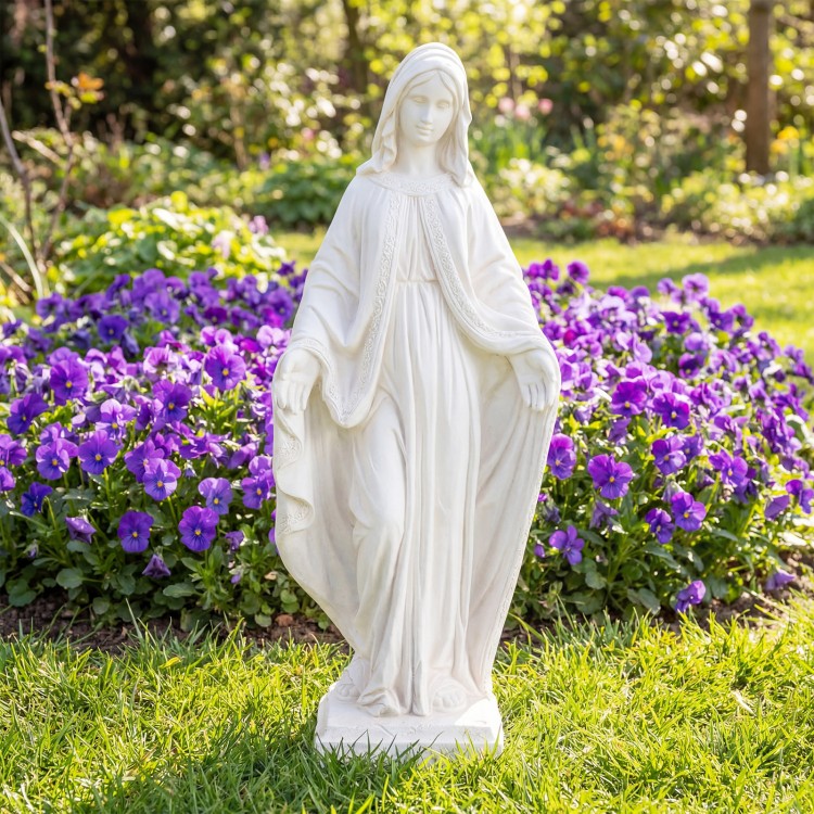 31.5-inch Virgin Mary statue in aged white finish, ideal for garden decoration and creating a serene focal point.