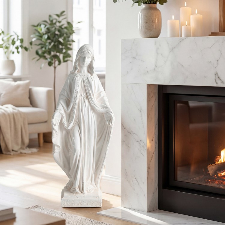 31.5-inch Virgin Mary statue with aged finish, made from magnesium oxide, perfect for yard or patio decoration.