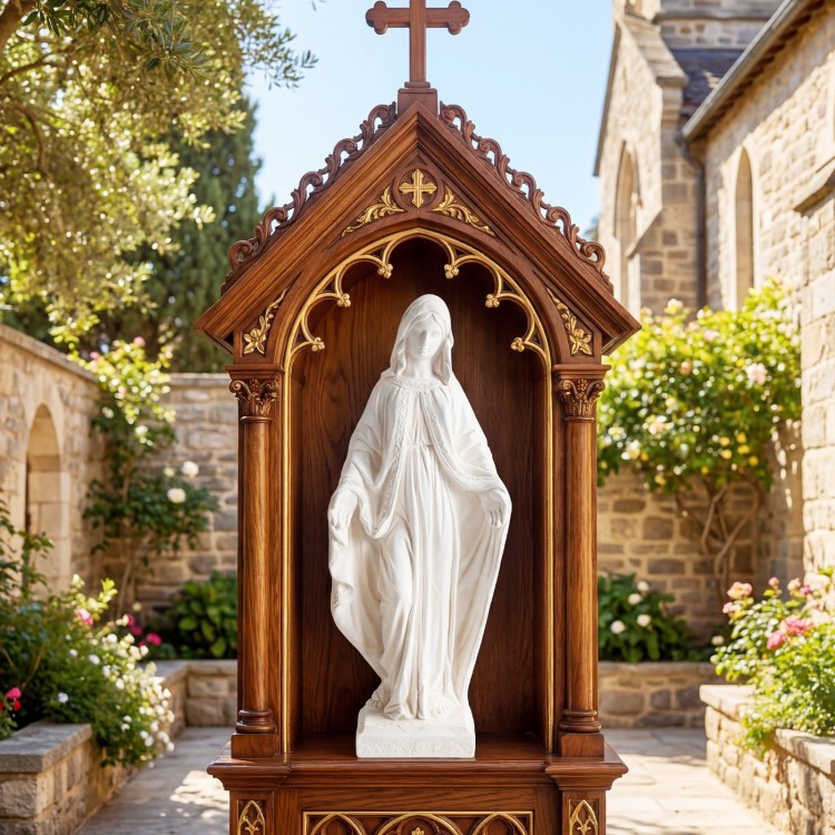 31.5-inch Virgin Mary statue with aged finish, made from magnesium oxide, ideal for garden or patio decoration.