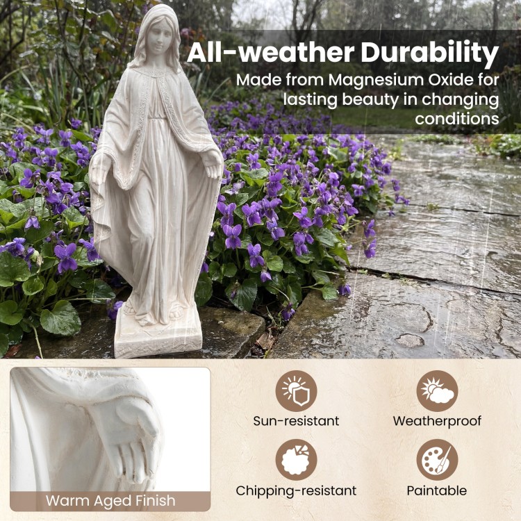 31.5-inch Virgin Mary statue in white with aged finish, made from durable magnesium oxide for outdoor gardens.