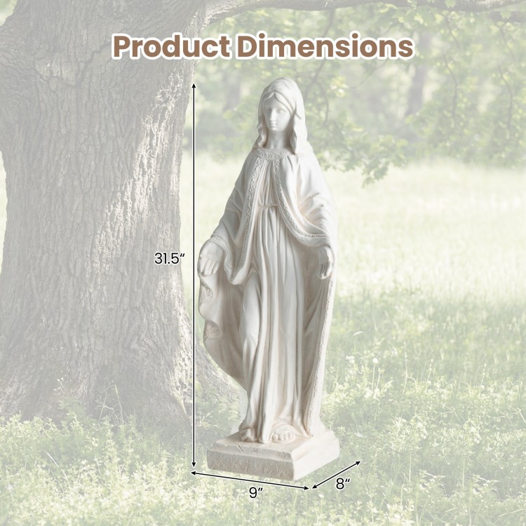 31.5-inch Virgin Mary statue with aged finish, made from magnesium oxide, ideal for yard or patio decoration.