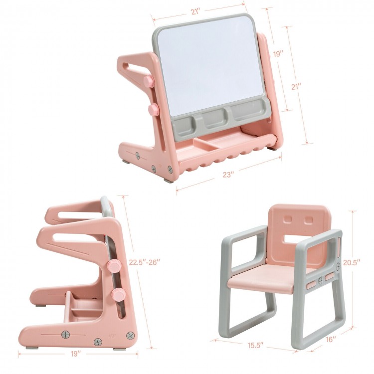 Kids easel table and chair set in pink with adjustable art board, perfect for drawing, studying, and playtime.