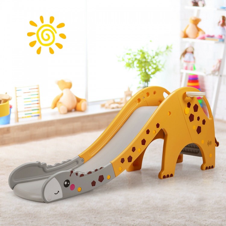 Kids 3-in-1 climber slide play set in yellow with basketball hoop, designed for ages 1-6, promoting safe play and fun.