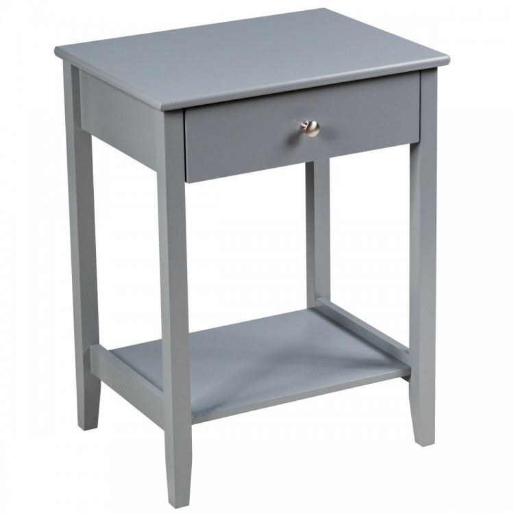 Gray wooden bedside table showcasing a smooth lacquered surface and round metal handle for easy access and stylish.