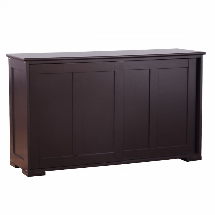 Kitchen storage cabinet with wood sliding doors, featuring a spacious top and solid wood construction for durability.