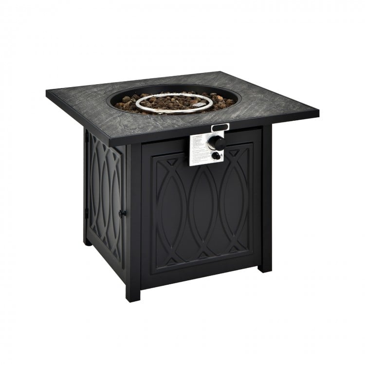 Square 32-inch propane fire pit table in black with lava rocks, perfect for outdoor patio and garden use.