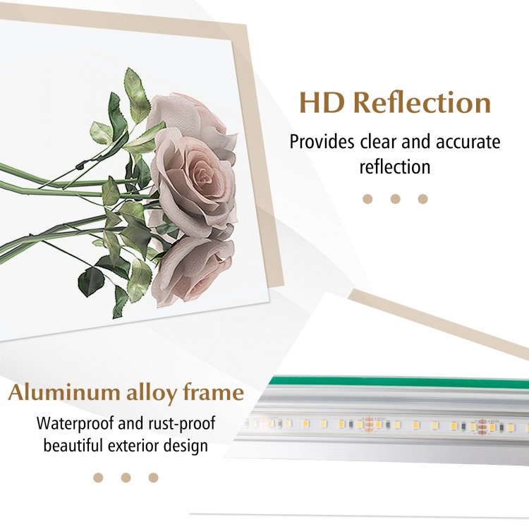 32-inch anti-fog bathroom wall mirror with aluminum alloy frame and 3-color LED lights for versatile bathroom decor.