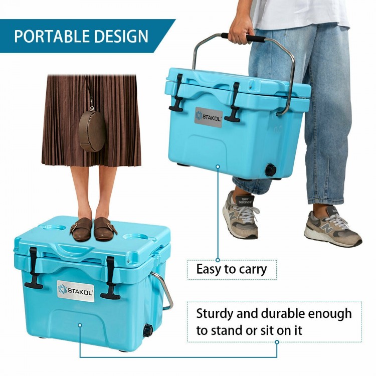 Portable blue insulated ice cooler with 24-can capacity, featuring sturdy design and cup holders for outdoor activities.