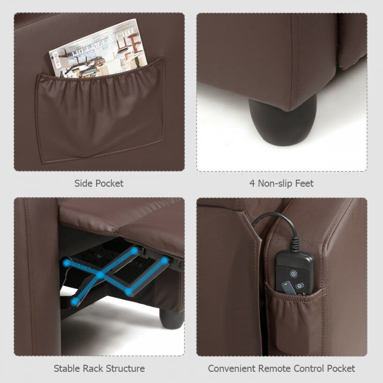 Recliner sofa wingback chair in brown with side pocket, remote control pocket, and stable rack structure for comfort.